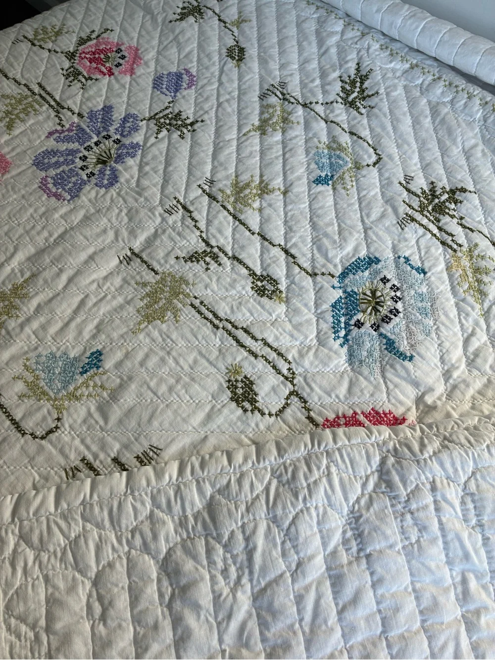 Vintage Hand Embroidered Cross Stitch Floral Quilt Size Twin